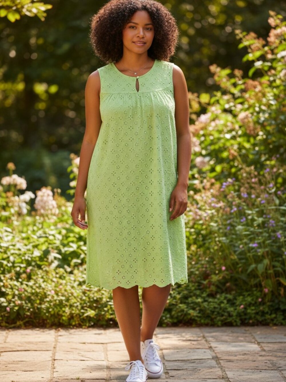 CANVAS LANDS END Sleeveless Green Floral Eyelet Dress 100% Cotton Womens Medium